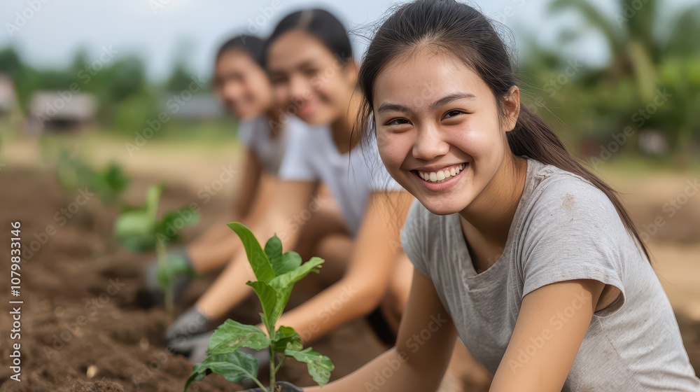 Young women smiling while planting seedlings in a garden, representing teamwork and dedication to environmental sustainability. Young women smiling while planting seedlings in a garden, representing teamwork and dedication to environmental sustainability.