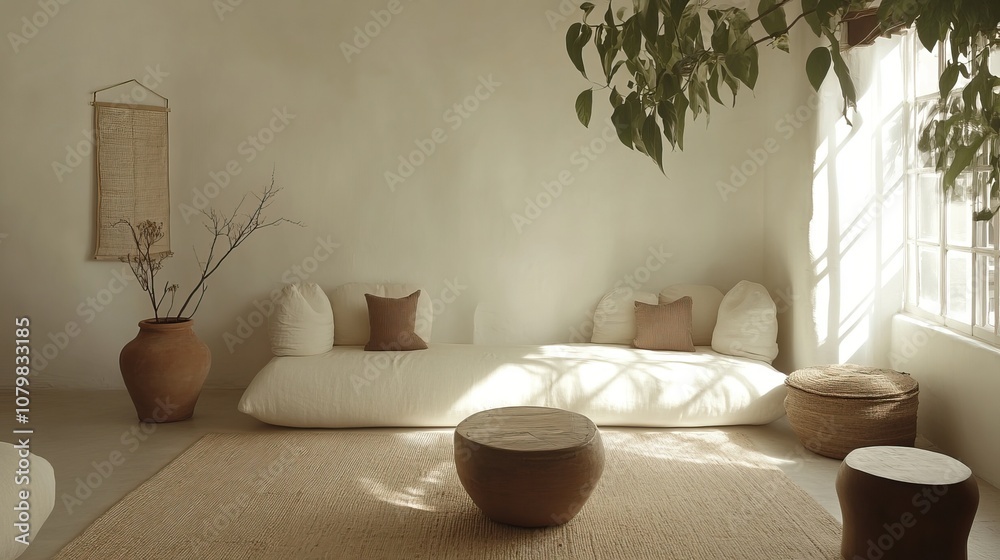 Family room with minimalist furniture, white walls, cozy textures, indoor plant, simple and welcoming 