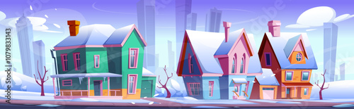 Winter suburban scene with colorful mansion houses covered in snow. Modern skyscrapers visible on horizon background. Traditional residential buildings with icicles on roofs, chimneys and garages.
