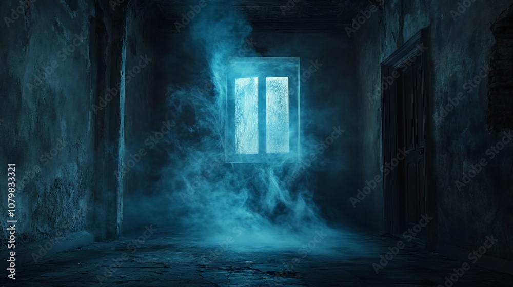 A window with glowing light in a dark, abandoned building. A window with glowing light in a dark, abandoned building.