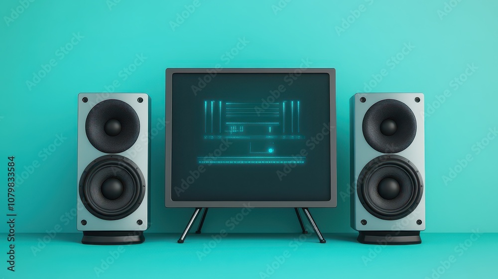 Stylish audio setup with modern speakers and a sleek monitor against a turquoise background, ideal for music lovers and tech enthusiasts. Stylish audio setup with modern speakers and a sleek monitor against a turquoise background, ideal for music lovers and tech enthusiasts.