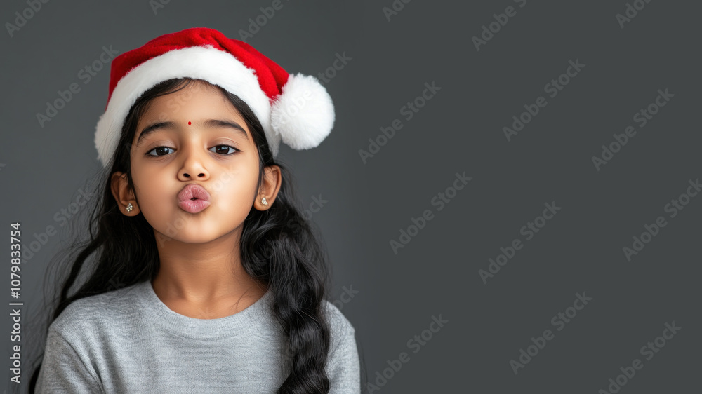 Indian girl student blowing a kiss in christmas wear and santa hat isolated on gray Indian girl student blowing a kiss in christmas wear and santa hat isolated on gray