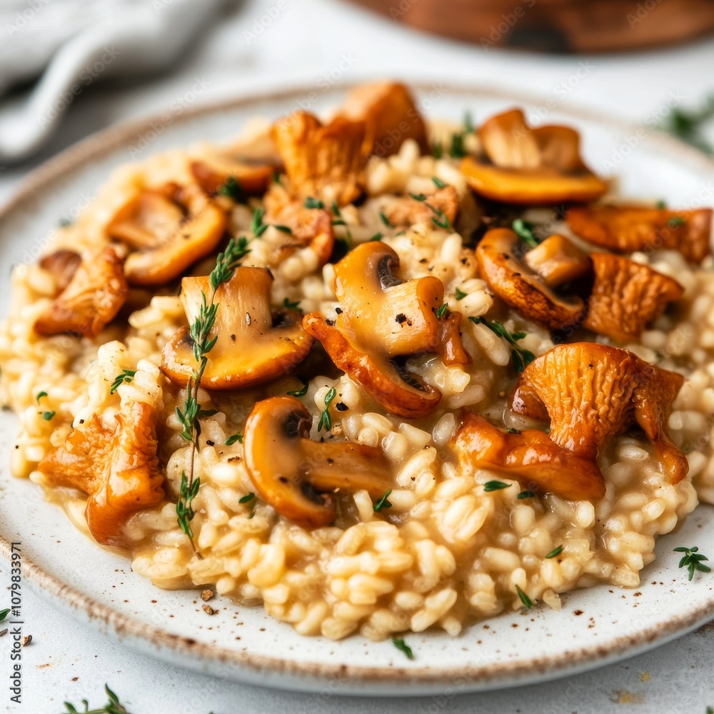 A creamy risotto cooked to perfection, generously topped with sautéed mushrooms and fresh thyme leaves, creating a comforting and savory culinary experience. A creamy risotto cooked to perfection, generously topped with sautéed mushrooms and fresh thyme leaves, creating a comforting and savory culinary experience.
