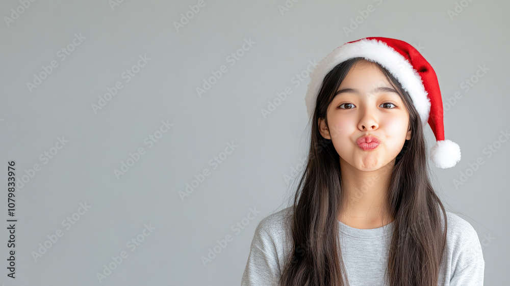 Indonesian girl student blowing a kiss in christmas wear and santa hat isolated on gray Indonesian girl student blowing a kiss in christmas wear and santa hat isolated on gray