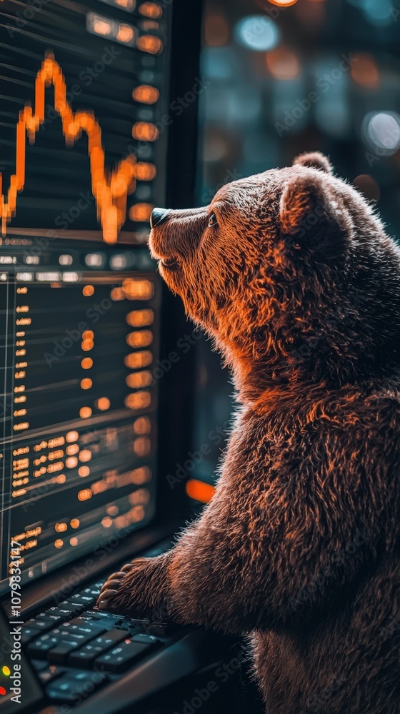 A bear holding its head in frustration as cryptocurrency charts show a decline, symbolizing market downturn and investor anxiety in digital assets..