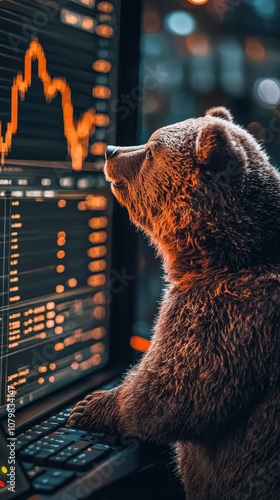 Obraz na płótnie A bear holding its head in frustration as cryptocurrency charts show a decline, symbolizing market downturn and investor anxiety in digital assets.. w salonie
