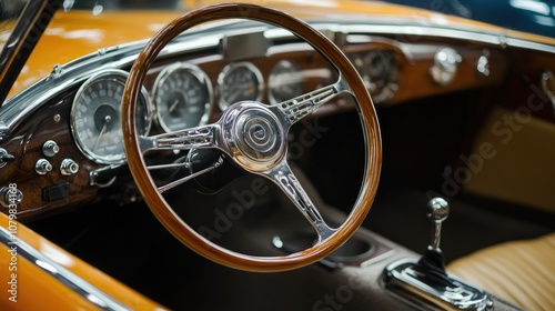 Close-up view of the classic wooden steering wheel and dashboard of a vintage car.