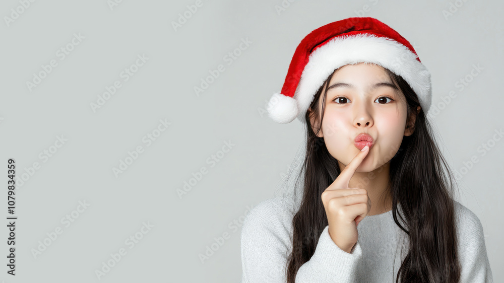 Malay girl student blowing a kiss in christmas wear and santa hat isolated on gray Malay girl student blowing a kiss in christmas wear and santa hat isolated on gray