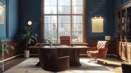 Office interior with meeting table and chairs, ceo desk near window. Mockup wall