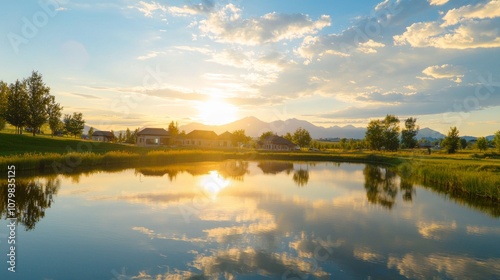 Serene Sunset: Vibrant Colors Over Rural China Countryside with Still Pond & Traditional Houses | Ultra-Detailed Landscape Photography