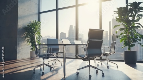 Office interior with meeting table and chairs, ceo desk near window. Mockup wall