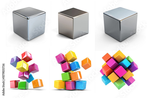 Collection of 3D cube with a metallic finish on a transparent background