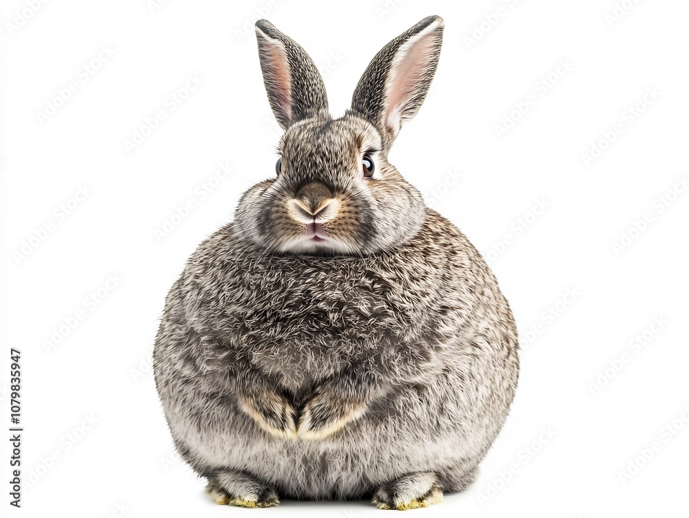 Obraz premium Plump Rabbit Sitting Upright on White Background Conveying Gentle Curiosity