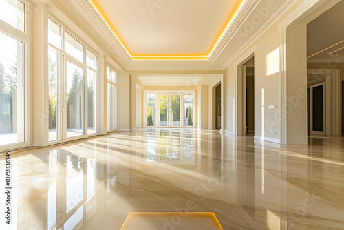 Empty spacious room with large windows and marble flooring.