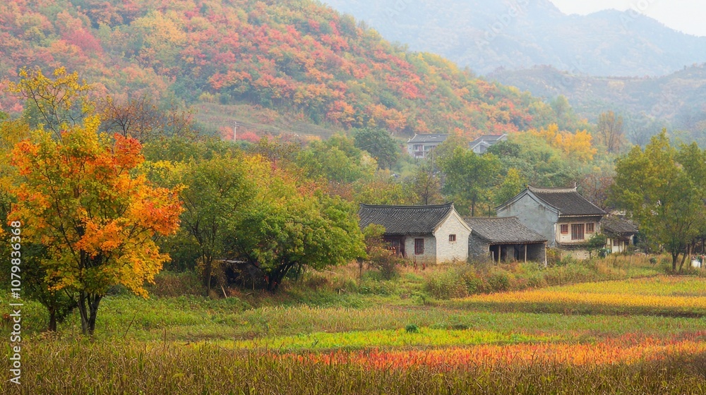 Vibrant Autumn Landscape in Rural China with Traditional Farmhouse, Colorful Foliage, and Farmers Harvesting Crops Against Rolling Hills - Ultra-Detailed Photo Vibrant Autumn Landscape in Rural China with Traditional Farmhouse, Colorful Foliage, and Farmers Harvesting Crops Against Rolling Hills - Ultra-Detailed Photo
