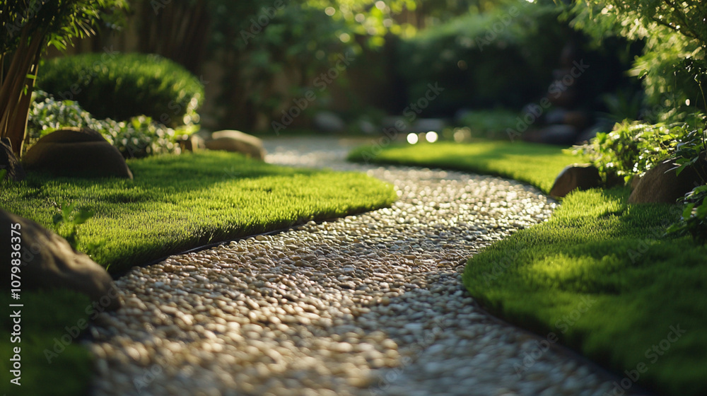 Obraz premium beautiful green garden with a stone path leading through it