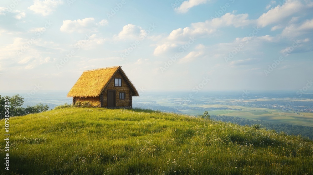 Isolated straw house standing on a grassy hilltop with expansive views of open fields in the background Isolated straw house standing on a grassy hilltop with expansive views of open fields in the background