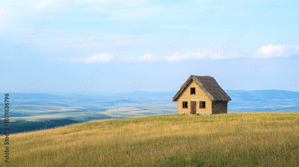 Isolated straw house standing on a grassy hilltop with expansive views of open fields in the background Isolated straw house standing on a grassy hilltop with expansive views of open fields in the background