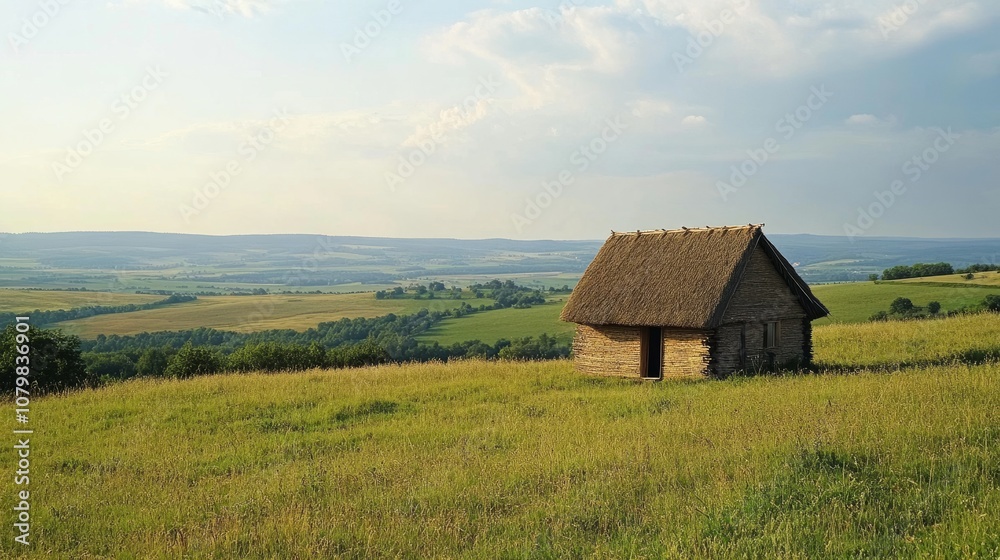 Isolated straw house standing on a grassy hilltop with expansive views of open fields in the background Isolated straw house standing on a grassy hilltop with expansive views of open fields in the background