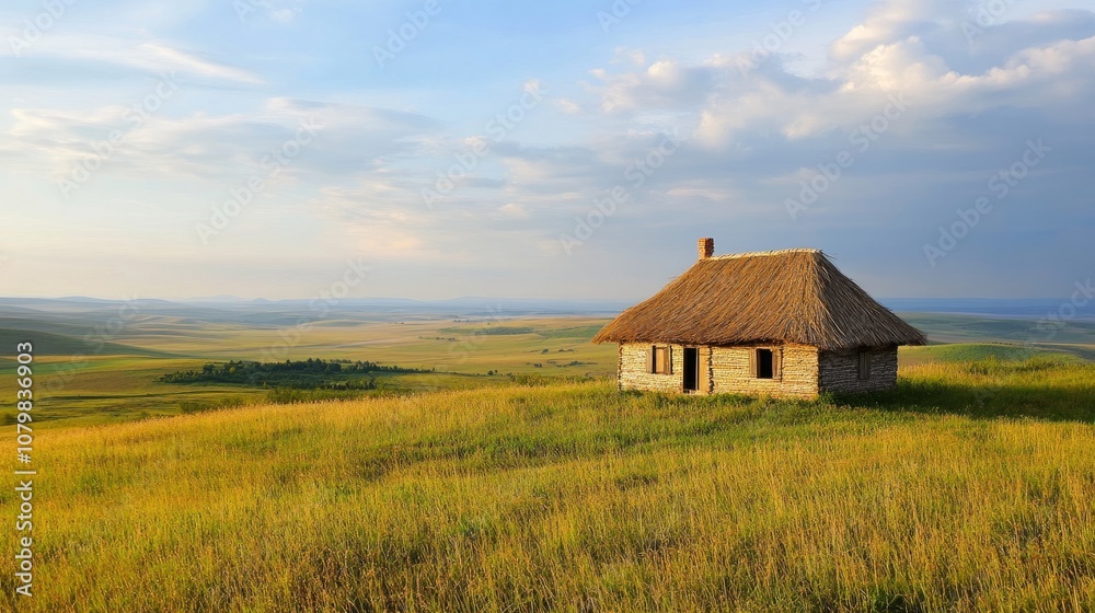 Isolated straw house standing on a grassy hilltop with expansive views of open fields in the background Isolated straw house standing on a grassy hilltop with expansive views of open fields in the background