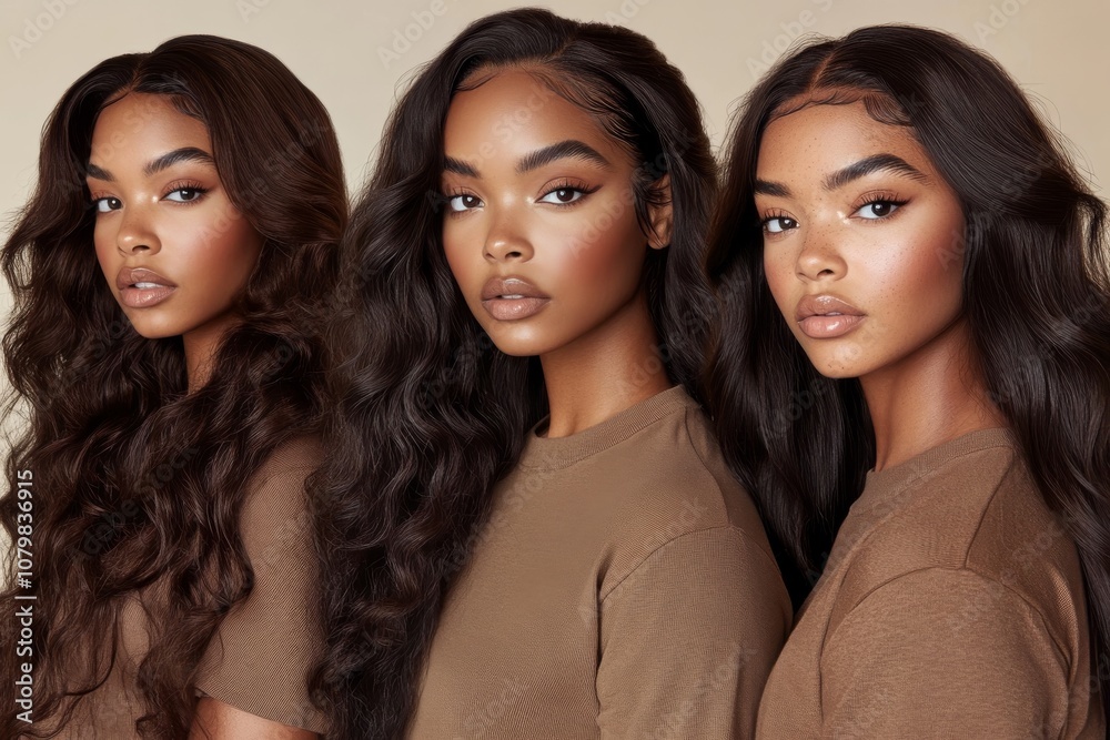 Three beautiful african american women with long hair extensions. Three beautiful african american women with long hair extensions.