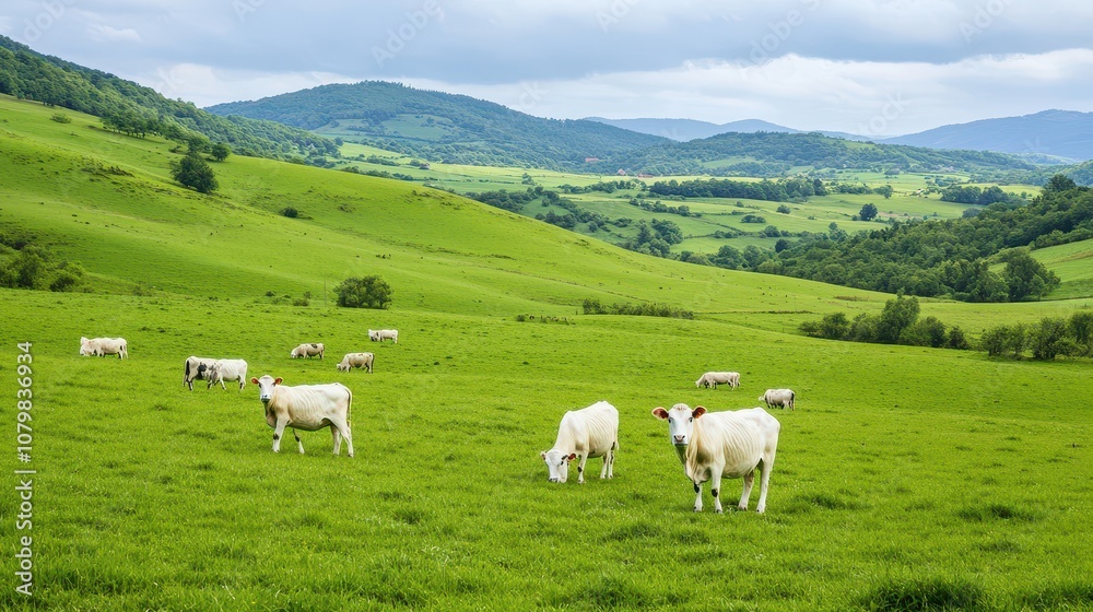 Serene green pasture with grazing cows under a cloudy sky, showcasing the beauty of rural landscapes and farming. Serene green pasture with grazing cows under a cloudy sky, showcasing the beauty of rural landscapes and farming.