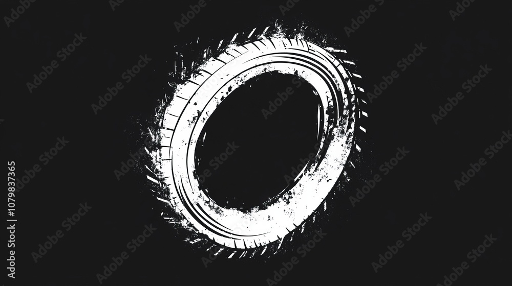 Fototapeta premium Grunge black background with white tire tracks in a circular shape.