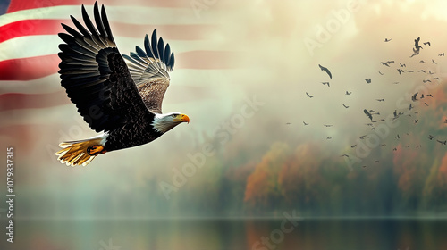 Honoring all who served. American Bald Eagle flying on US flag background, Veterans day photo