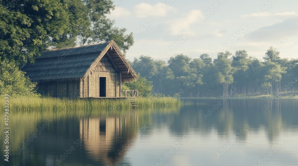 Simple straw hut by a calm lake, with clear reflections of the house and the trees surrounding the water Simple straw hut by a calm lake, with clear reflections of the house and the trees surrounding the water