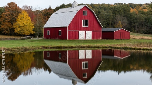 Charming red barn reflected in calm water, surrounded by vibrant autumn trees, capturing the essence of rural tranquility. photo