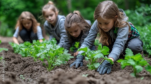 Children gardening in a lush environment, planting herbs with care and enthusiasm.