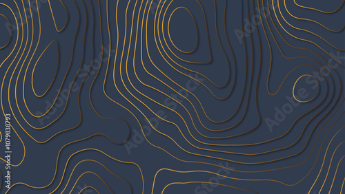 Blue background with gold topographic wavy curve line. Abstract paper cut art background design for website template.	Wavy banner and color geometric form.