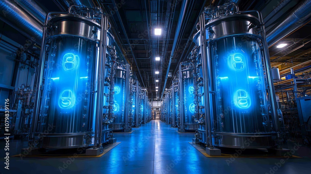 Fototapeta premium Futuristic industrial facility with glowing blue technologies and high-tech equipment.