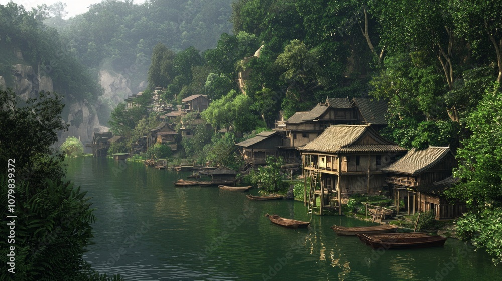Obraz premium Serene Lakeside Village in Rural China with Traditional Wooden Homes and Fishing Boats Amid Lush Forests - Ultra-Detailed Scenic Landscape Photo