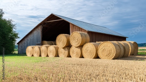 A charming wooden barn surrounded by hay bales under a clear blue sky, showcasing rural agricultural beauty. photo