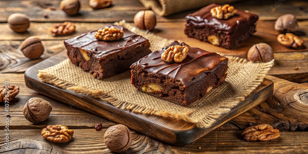 Fototapeta premium Fudgey Brownies Topped with Walnuts and a Smooth Chocolate Glaze, Resting on a Rustic Wooden Board with Scattered Nuts