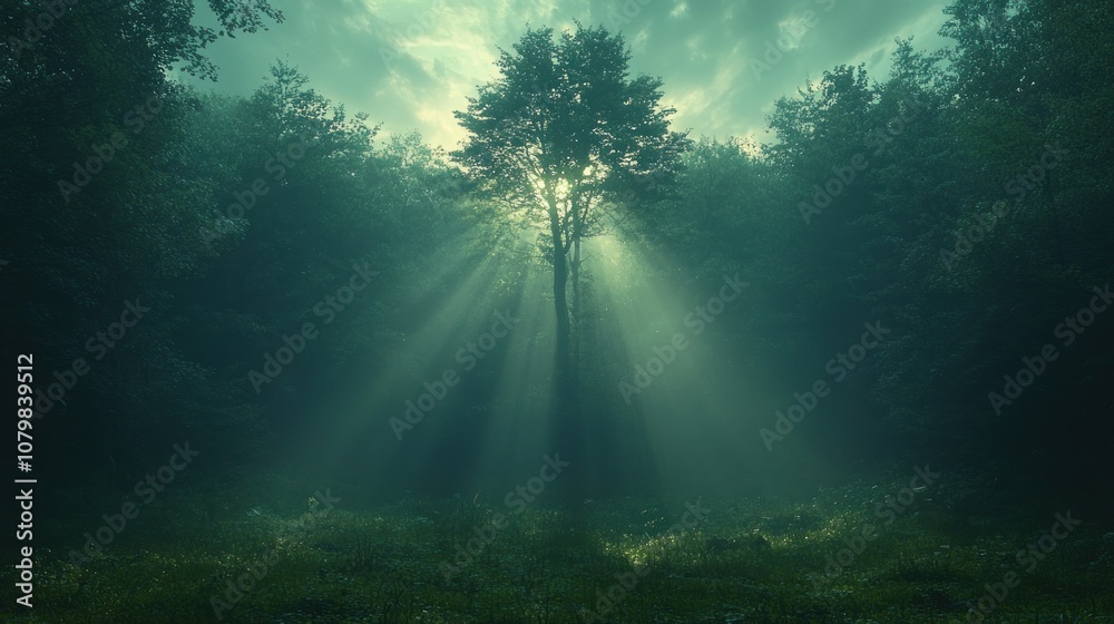 Obraz premium Sunlight Through Foggy Forest