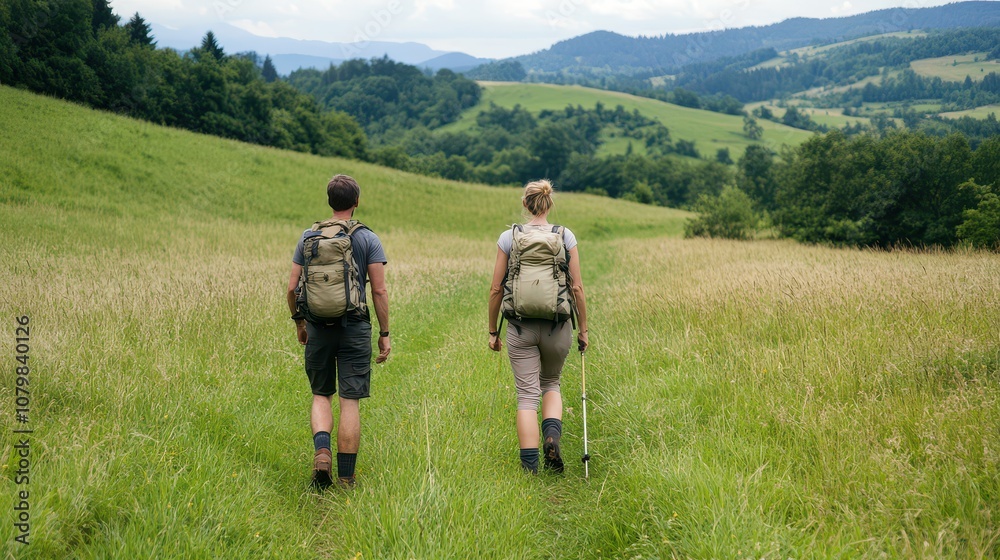 Two hikers exploring a lush green valley, surrounded by mountains and nature, enjoying a peaceful outdoor adventure. Two hikers exploring a lush green valley, surrounded by mountains and nature, enjoying a peaceful outdoor adventure.