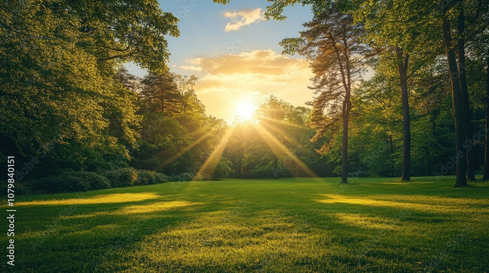 A serene landscape with sunlight filtering through trees onto a grassy field at sunset.