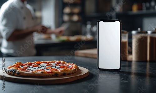 Closeup mockup phone with white screen on a dark table. Delicious pizza on a wooden tray. Blurred background with chef at an Italian restaurant, professional kitchen. Food delivery, cafe app concept.