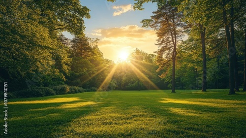 Obraz na płótnie A serene landscape with sunlight filtering through trees onto a grassy field at sunset. w salonie