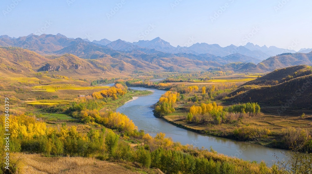 Serene Autumn Scenery in Rural China with Golden Trees, River, Harvesting Farmers, and Mountains in Background Serene Autumn Scenery in Rural China with Golden Trees, River, Harvesting Farmers, and Mountains in Background