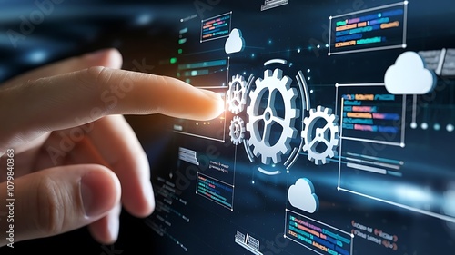 businessman pressing virtual button, cloud computing concept, cloud technology, Saas, Paas, Iaas. AWS Services
