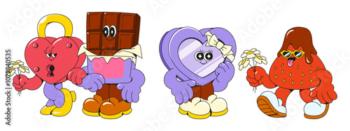 Love themed retro cartoon character mascots - heart shaped lock with yellow key, chocolate bar in purple outfit, cupid box with bow, red strawberry wearing sunglasses. for Valentine day design.