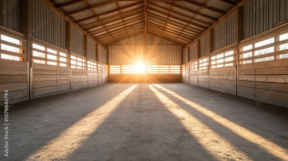 A serene indoor barn illuminated by soft sunlight, creating dramatic shadows on the floor, perfect for rustic and rural themes. A serene indoor barn illuminated by soft sunlight, creating dramatic shadows on the floor, perfect for rustic and rural themes.