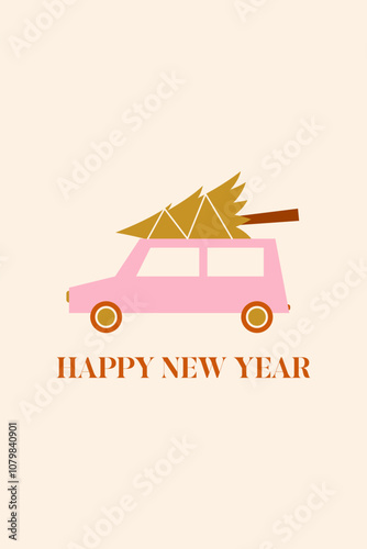 Christmas tree delivery. Greeting card template.