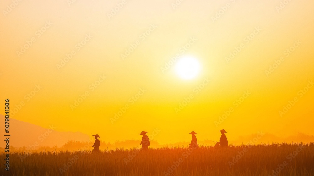 Naklejka premium Beauty of Rural China: Captivating Sunset with Silhouetted Farmers and Vibrant Crops | Ultra-Detailed Landscape Photography