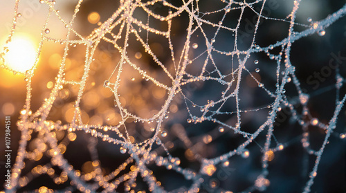Close-up of frosty dew on spiderwebs at sunrise, delicate and rare natural texture, stock photo