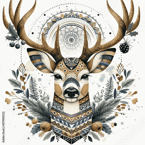 Merry Christmas beautiful reindeer background. Vintage Merry Christmas abstract texture reindeer with floral composition. Multilayer SVG file without gaps between paths.