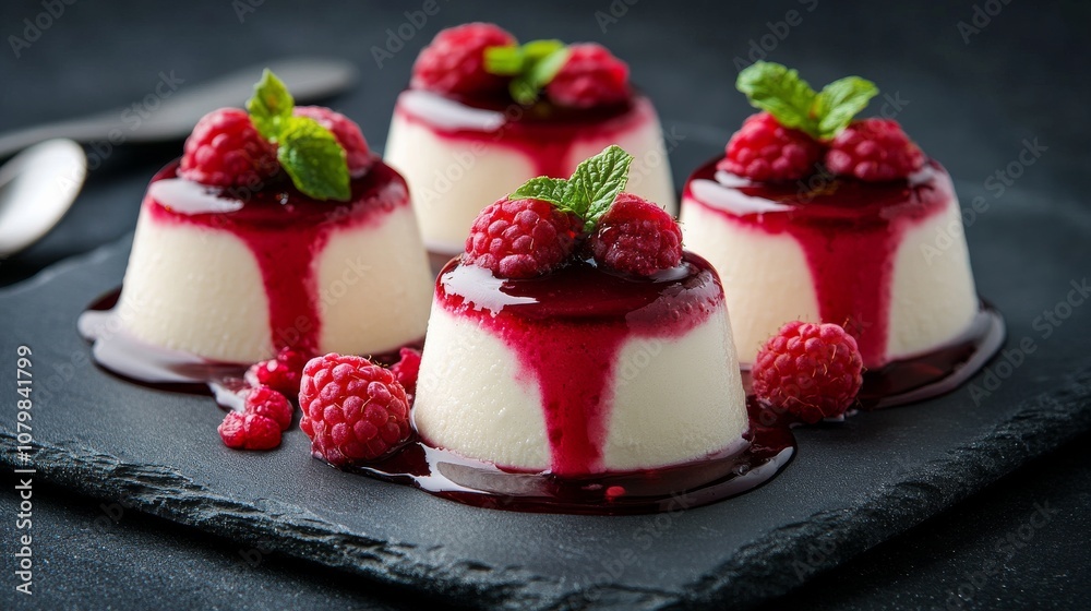 Four mini panna cotta desserts drizzled with rich raspberry sauce and adorned with fresh mint leaves and ripe raspberries, offering a delicious visual and taste delight.